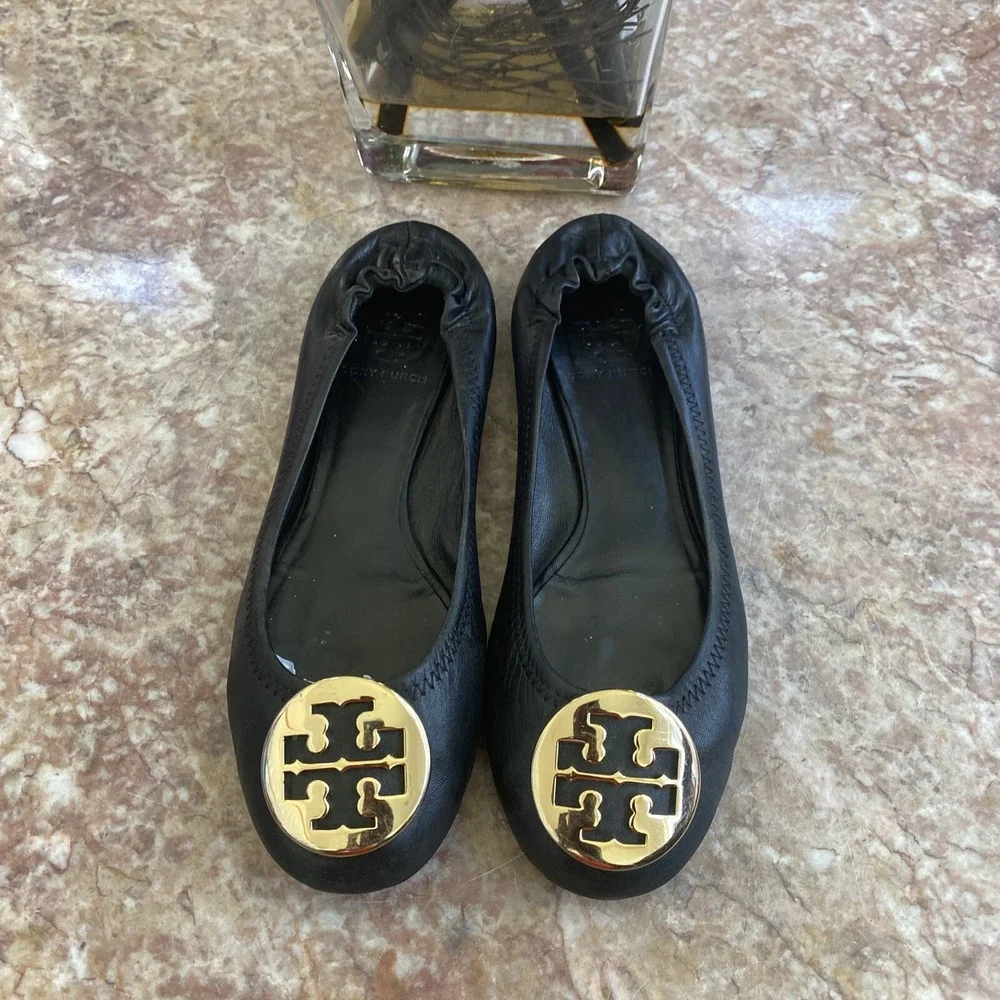 Tory Burch Minnie Travel‎ Black Leather Ballet Flat Size 6.5 M EUC, $228